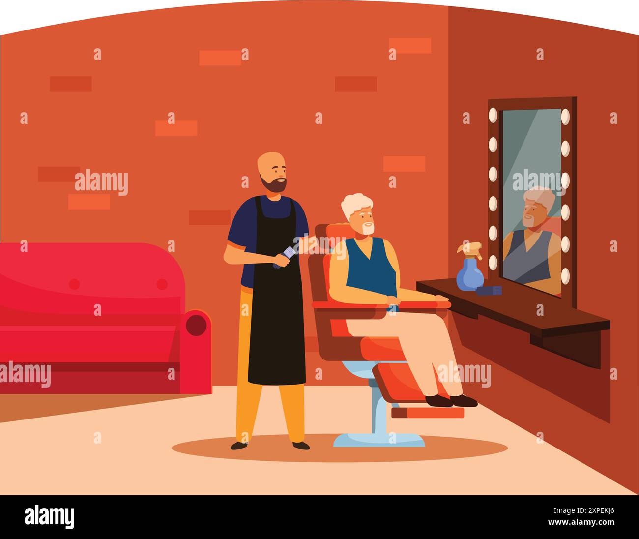 Der Friseur steht neben einem Senior-Gast im Friseurstuhl und lässt sich im Friseursalon Haare schneiden Stock Vektor