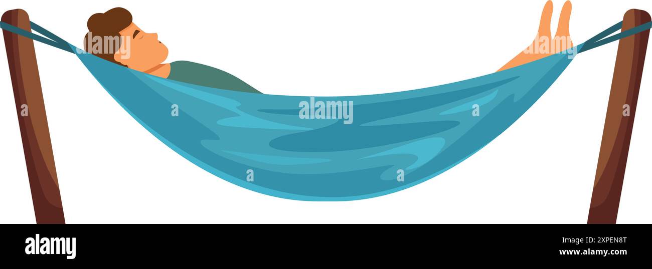 Der Mann genießt seinen Sommerurlaub, liegt auf einer Hängematte zwischen zwei Palmen Stock Vektor