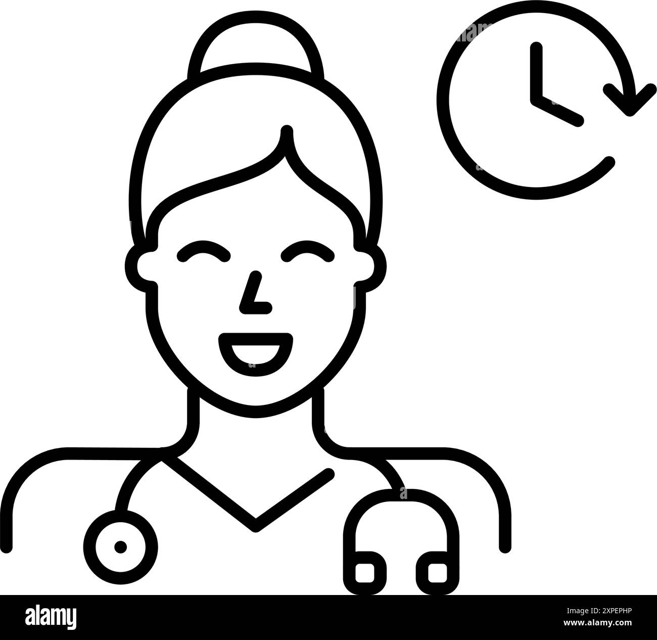 Hausärztin mit Stethoskop und Uhr. Arbeitszeiten der Gesundheitsklinik. Ärztlicher Serviceplan. Termin im Gesundheitswesen. Pixel Perfect Vektor Stock Vektor