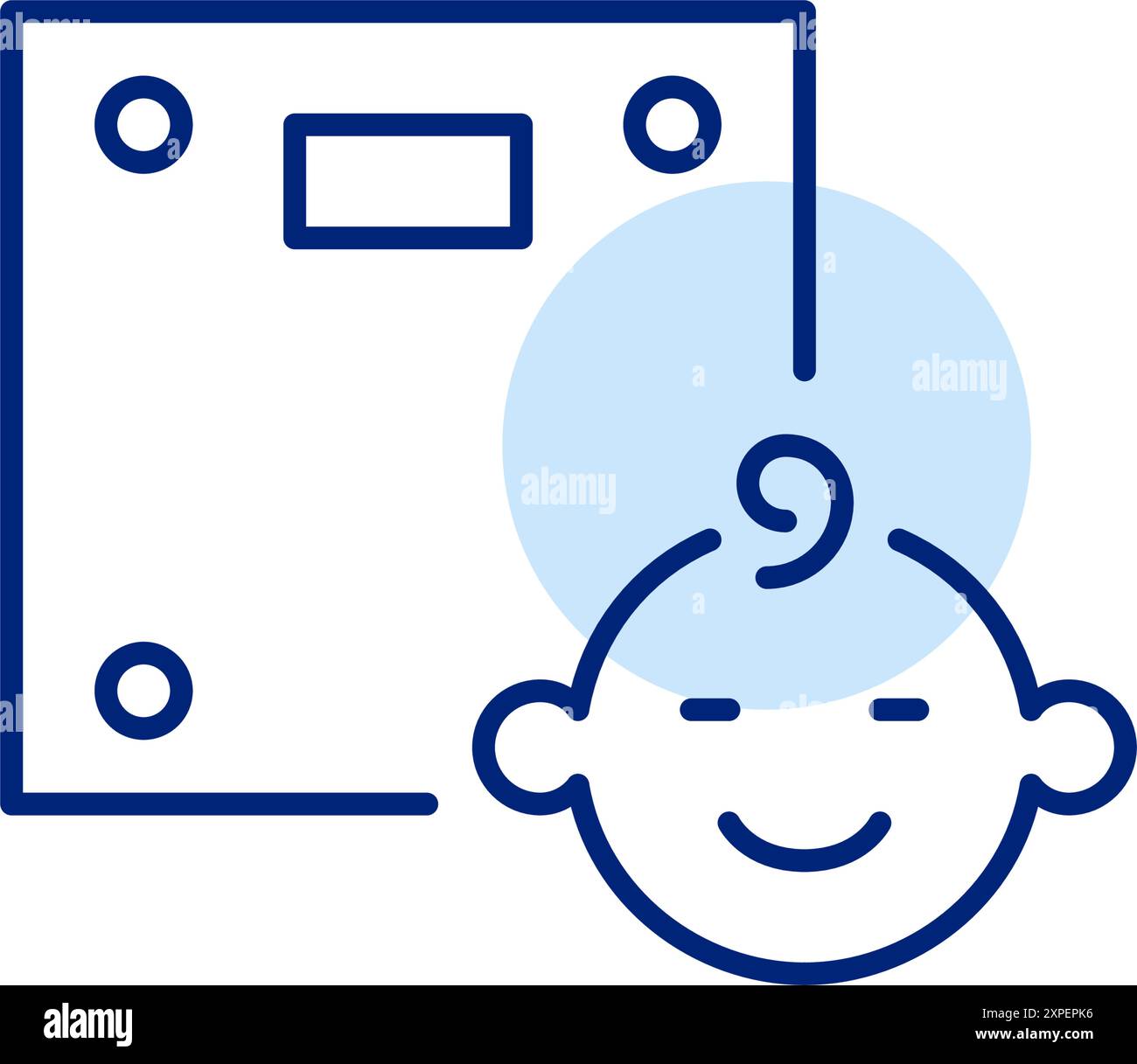 Waage und lächelndes Baby. Kindliche Wellness und Gewichtskontrolle. Symbol für Pixelperfekte, bearbeitbare Kontur Stock Vektor