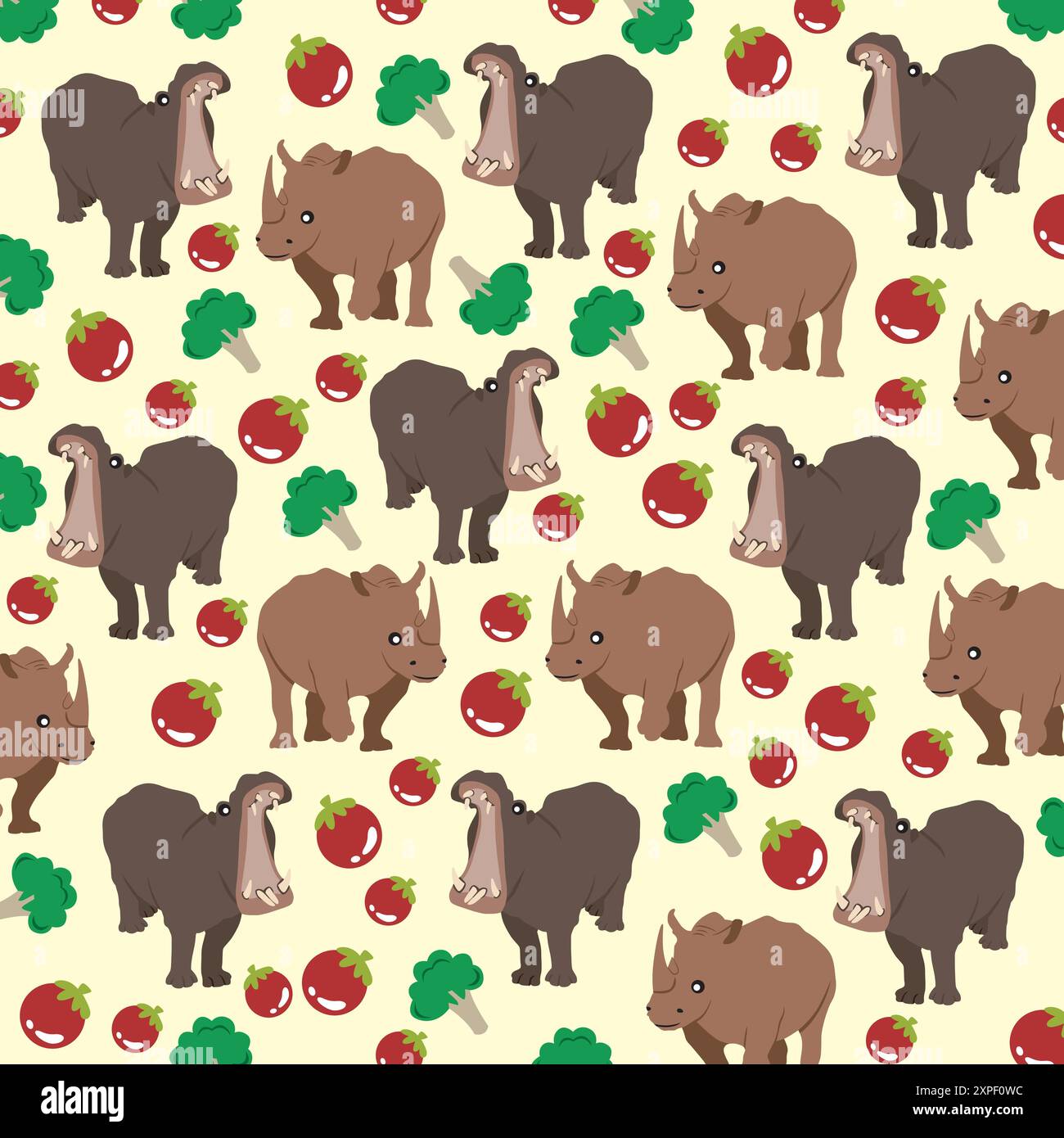 Niedliches Nilpferd, Nashorn mit Obst und Gemüse als Musterhintergrund Stock Vektor