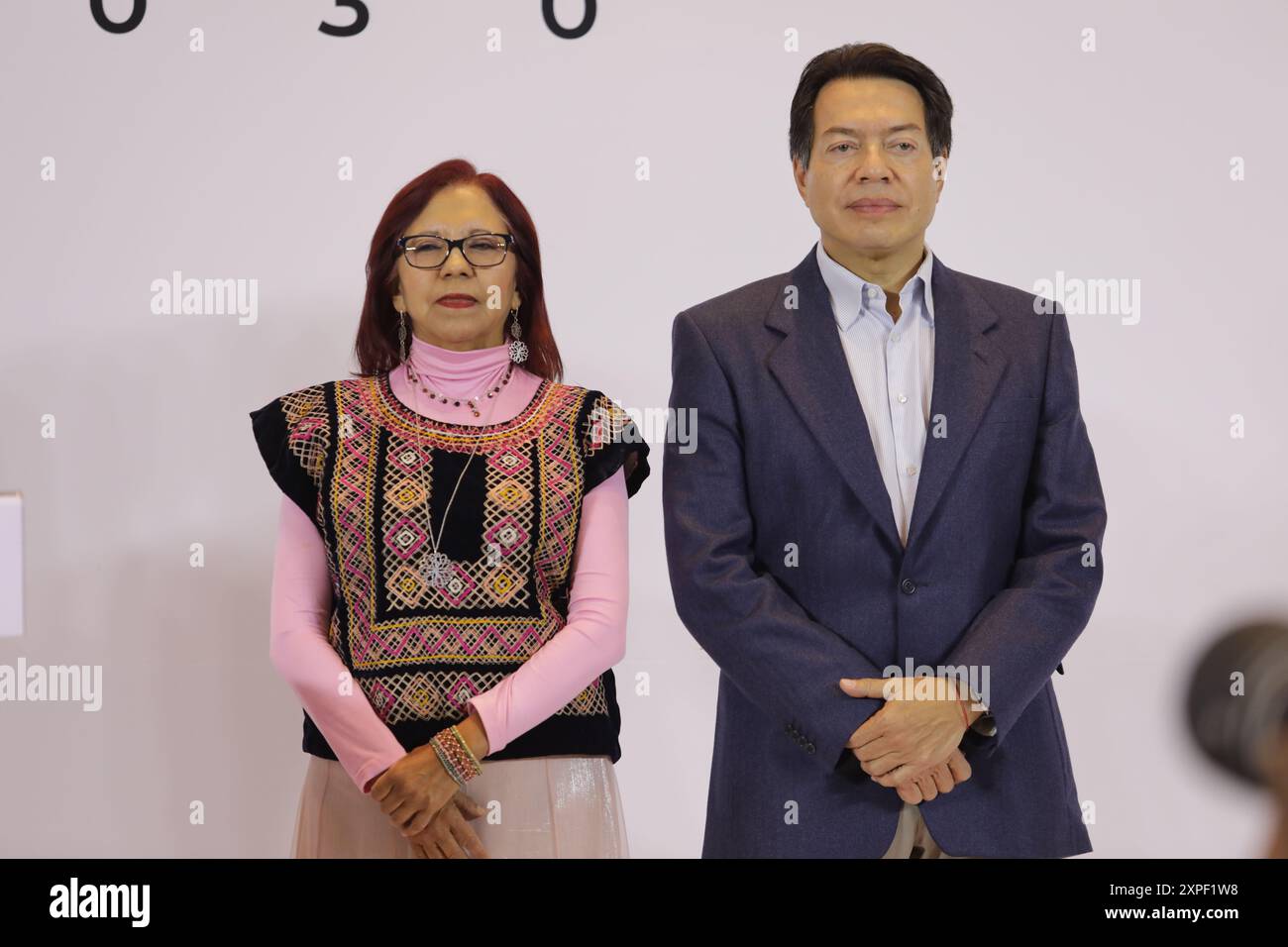 Mexiko-Stadt, Mexiko. August 2024. Leticia Ramírez Amaya und Mario Delgado während der Pressekonferenz Claudia Sheinbaum Pardo, Mexikos gewählter Kandidat nach einem Treffen mit Gouverneuren der Nordostregion. Am 5. August 2024 in Mexiko-Stadt. (Foto: Ian Robles/ Credit: Eyepix Group/Alamy Live News Stockfoto