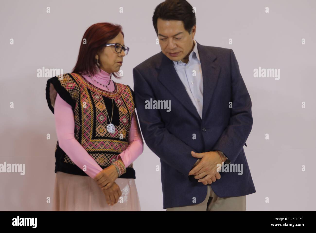 Mexiko-Stadt, Mexiko. August 2024. Leticia Ramírez Amaya und Mario Delgado während der Pressekonferenz Claudia Sheinbaum Pardo, Mexikos gewählter Kandidat nach einem Treffen mit Gouverneuren der Nordostregion. Am 5. August 2024 in Mexiko-Stadt. (Foto: Ian Robles/ Credit: Eyepix Group/Alamy Live News Stockfoto