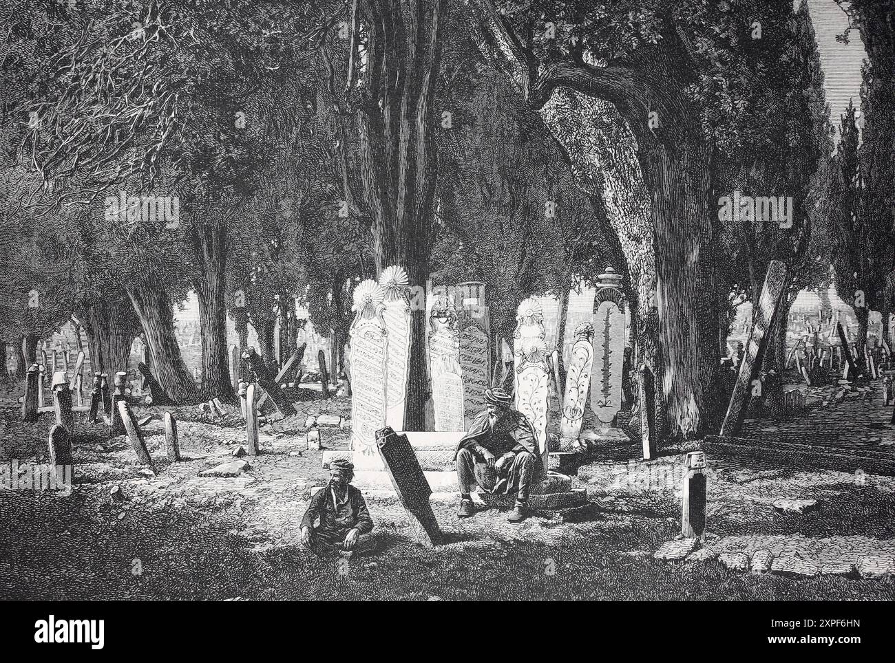 Friedhofsszene mit Grabsteinen und zwei sitzenden Personen unter Bäumen,Türkischer Friedhof bei Skutari, Historisch, digital restaurierte Reproduktion Stockfoto