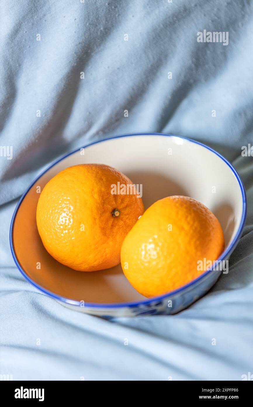 Zwei Orangen-Früchte auf einer weißen Keramikschale auf dem hellblauen Stoff im Hintergrund. Stockfoto