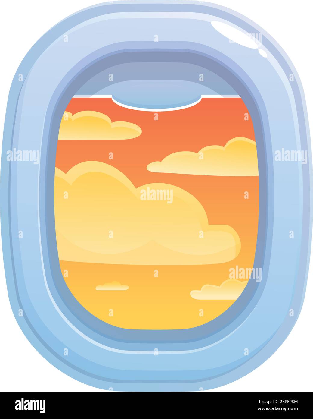 Cartoon-Illustration einer Ansicht aus einem Flugzeugfenster, die eine goldene Wolkenlandschaft zeigt Stock Vektor