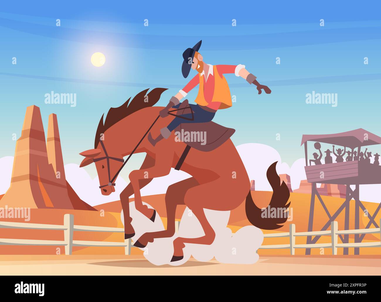 rodeo. Cowboy reitet auf wildem Pferd Rodeo wilder Westen Party Vektor Zeichentrickhintergrund Stock Vektor