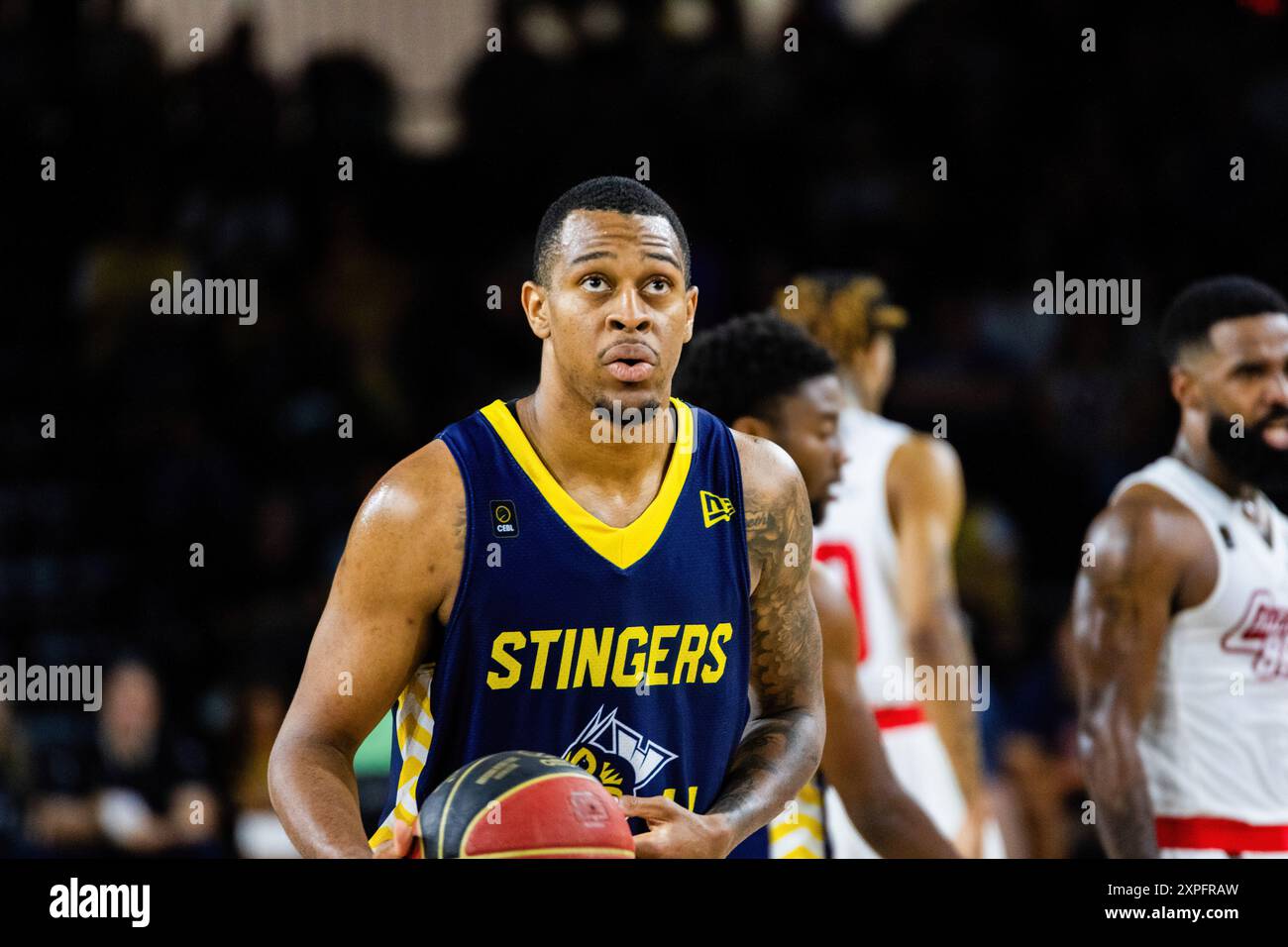 Edmonton, Kanada. August 2024. Edmonton Stingers Nick Hornsby schießt aus der Freiwurflinie, nachdem er 2024 im Halbfinale der Western Division gegen die Calgary Surge gefoult wurde. Calgary Surge (11-9) 78:69 Edmonton Stingers (13-7) (Foto: Ron Palmer/SOPA Images/SIPA USA) Credit: SIPA USA/Alamy Live News Stockfoto