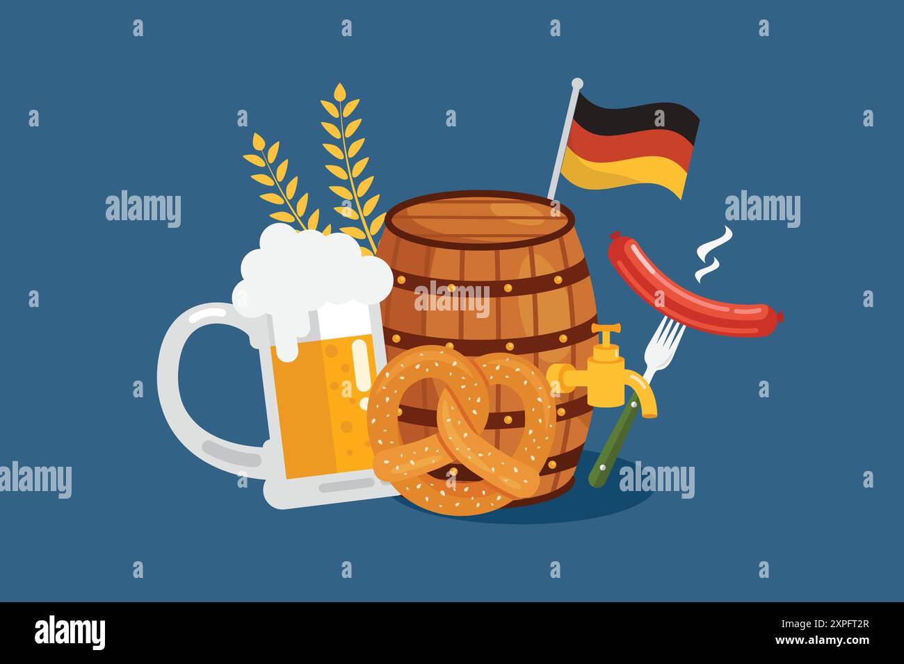 Oktoberfest-Elemente mit Bier, Wurst, Lebkuchen und deutscher Flagge. Handgezeichnete Vorlagen Für Flat Cartoon. Vektorabbildung Stock Vektor