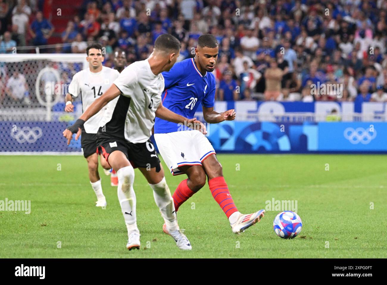 Decines Charpieu, Frankreich. August 2024. Andy Diouf (Frankreich), Fußball, Halbfinale der Männer zwischen Frankreich und Ägypten während der Olympischen Spiele 2024 in Paris am 5. August 2024 im Groupama-Stadion in Decines-Charpieu bei Lyon, Frankreich - Foto Frederic Chambert/Panorama/DPPI Media Credit: DPPI Media/Alamy Live News Stockfoto