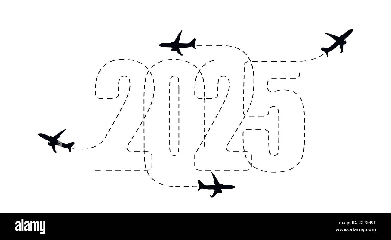 Frohe Weihnachten und Neujahrskonzept. Die Flugstrecke des Flugzeugs im Jahr 2025. Vektor Stock Vektor