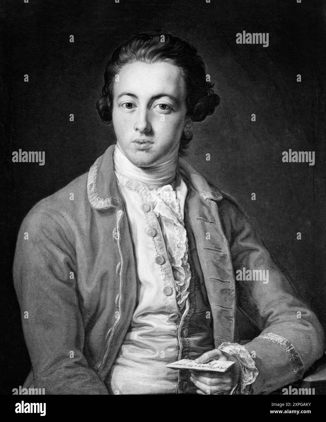 Eine Darstellung von Sir John Parnell 2. Baronet (1744–1801) von Pompeo Batoni (1708–1787). Obwohl er nicht aus römisch-katholischem irischem Hintergrund stammt, ist Parnell für seine Bemühungen bekannt, ein emanzipiertes Land zu schaffen und war Urgroßvater von Charles Stewart Parnell, dem Führer der Irish Home Rule Kampagne. Parnell saß erstmals von 1767 bis 1801 im Parlament von Irland, bis zum Act of Union. Während seiner politischen Laufbahn stieg er in die höchsten Positionen in der irischen Politik als Commissioner of the Revenue (1780), Chancellor of the Exchequer of Ireland (1787), Lord of the Treasury (1793) auf. Stockfoto