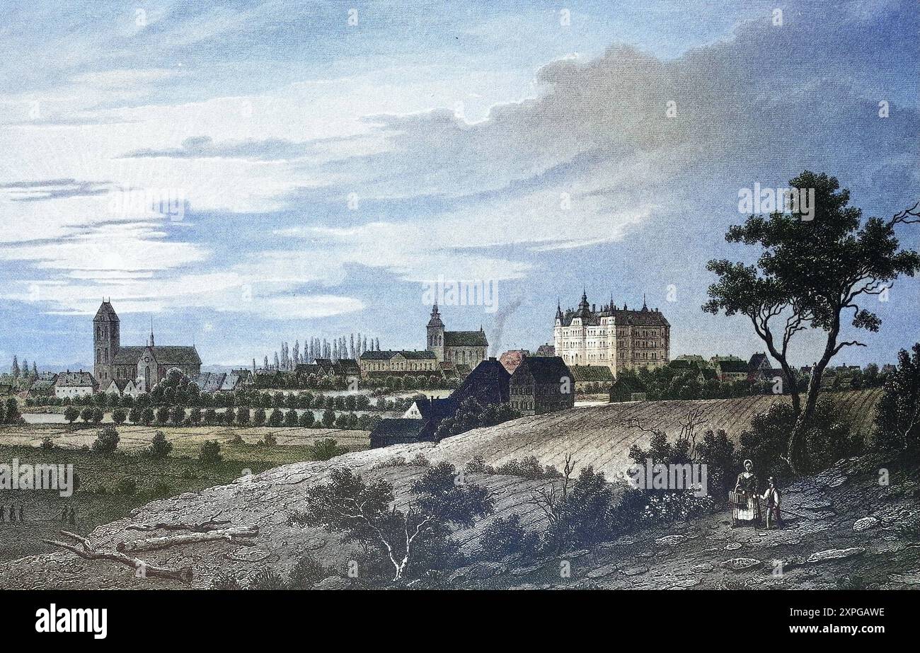 Historische Ansicht, 19. Jahrhundert, von der Stadt Güstrow, Mecklenburg-Vorpommern, Deutschland, digitale restaurierte Reproduktion von einer Vorlage Stockfoto