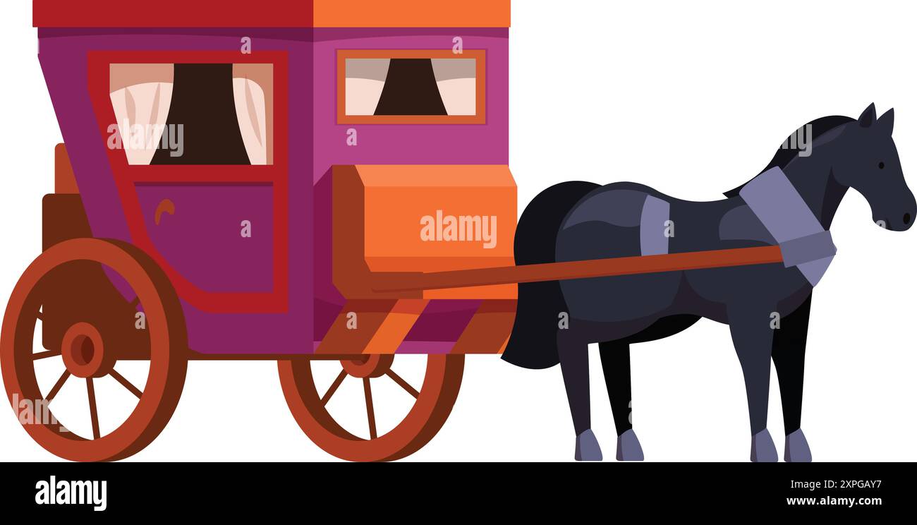 Schwarzes Pferd zieht einen lila und orangen Bühnenwagen mit geschlossenen Vorhängen Stock Vektor