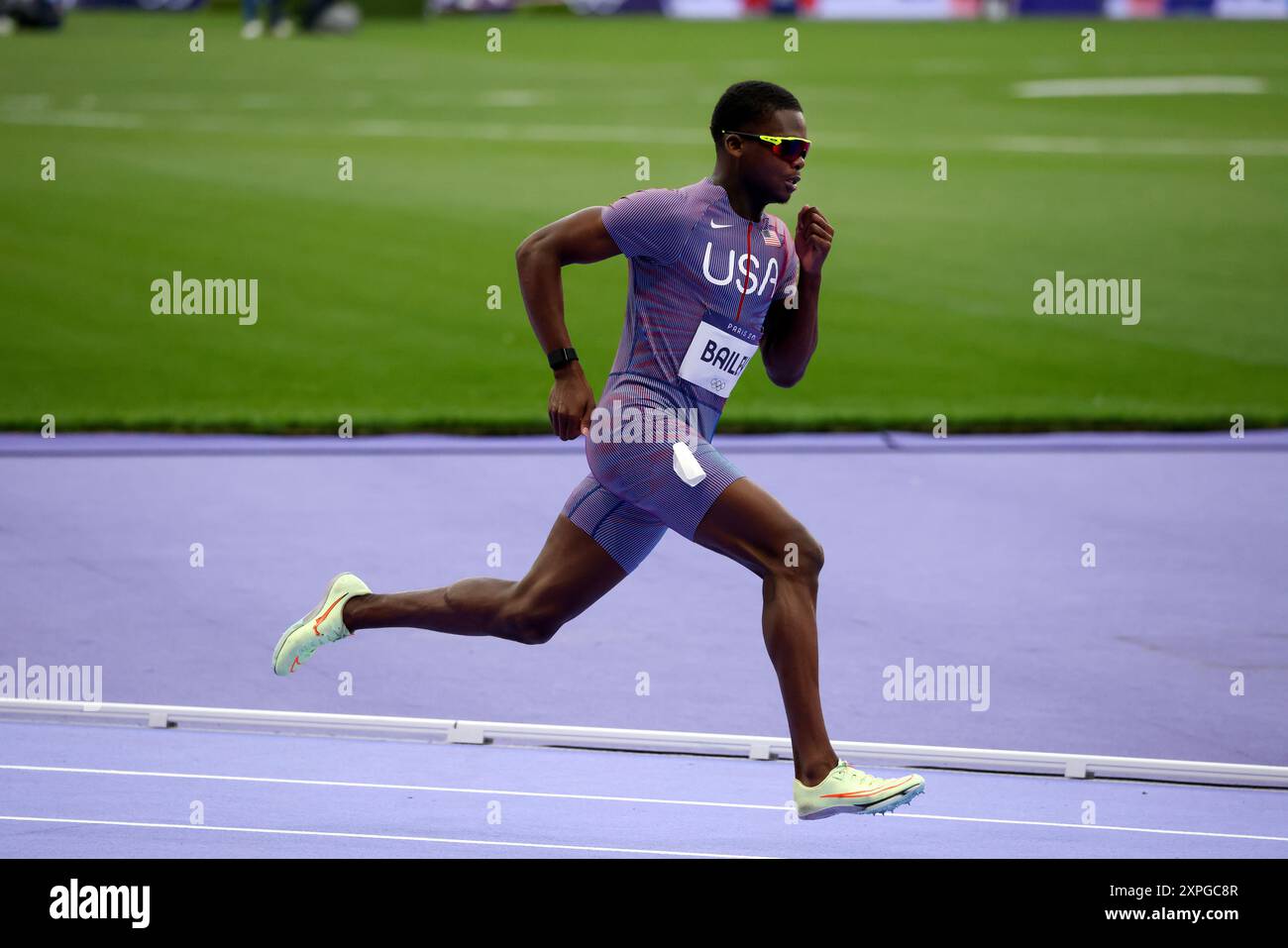 4. August 2024, Paris, Frankreich - Olympische Spiele in Paris: Leichtathletik - Christopher Bailey aus den Vereinigten Staaten in den 400-Meter-Vorläufen der Männer bei den Olympischen Spielen in Paris Stockfoto