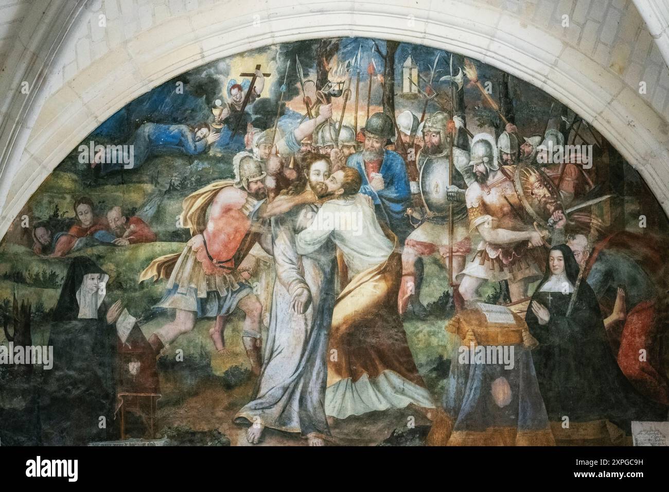 Der Judas-Kuss von Thomas Pot um 1563/1567 Fresco, Chapter House, Fontevraud Abbey, Loire-Tal, Frankreich Stockfoto