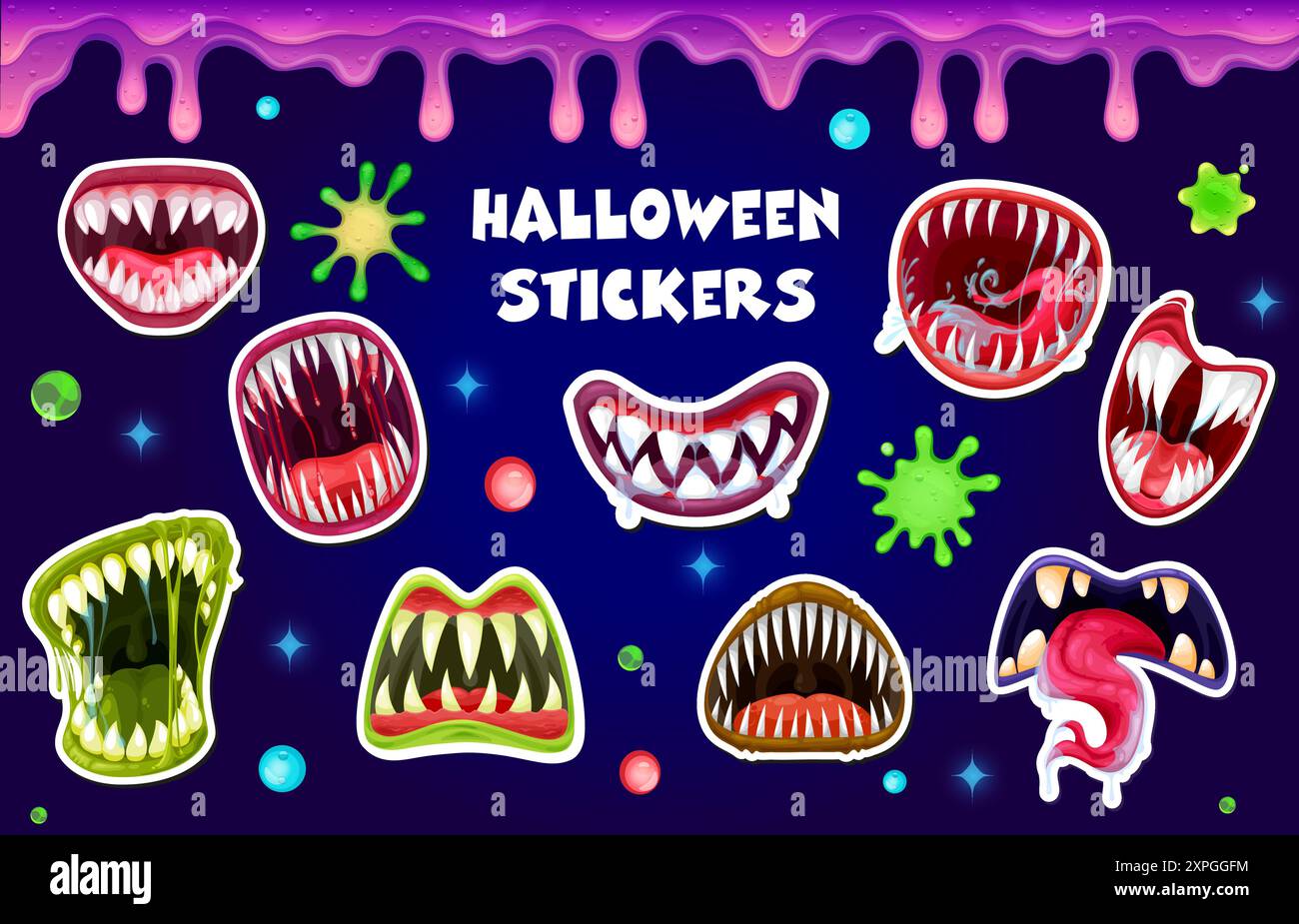 Halloween-Aufkleber von Comic Monster, Werwolf und Vampirkiefer mit Zähnen und Zungen, Vektor Halloween Horror Urlaub. Gruselige dracula Vampire und de Stock Vektor