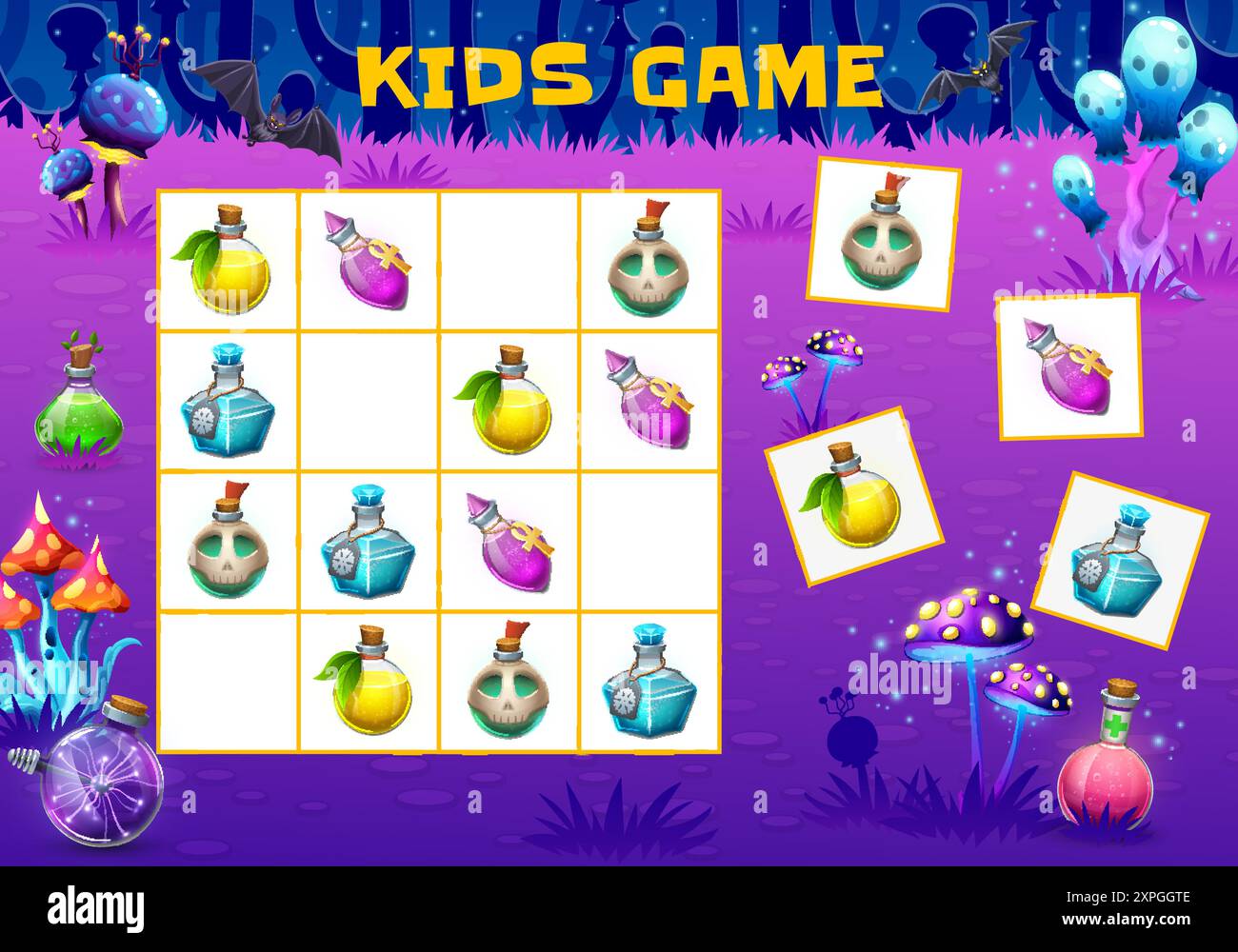 Halloween Kinder Sudoku Spiel mit Zaubertrank Flaschen, Vektor-Puzzle Quiz Arbeitsblatt. Zeichentrickhexen-Gift in Glasflaschen oder Zauberelixier in Fläschchen für Stock Vektor