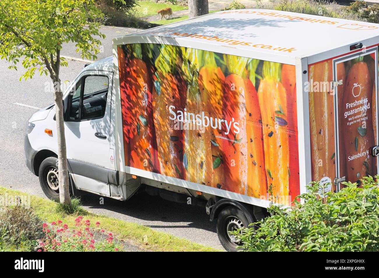 Sainsburys Lieferwagen parkte vor einem Haus in einer britischen Vorstadtstraße. Lieferwagen, Einkaufslieferungen, Lebensmittel, Lieferservice nach Hause Stockfoto