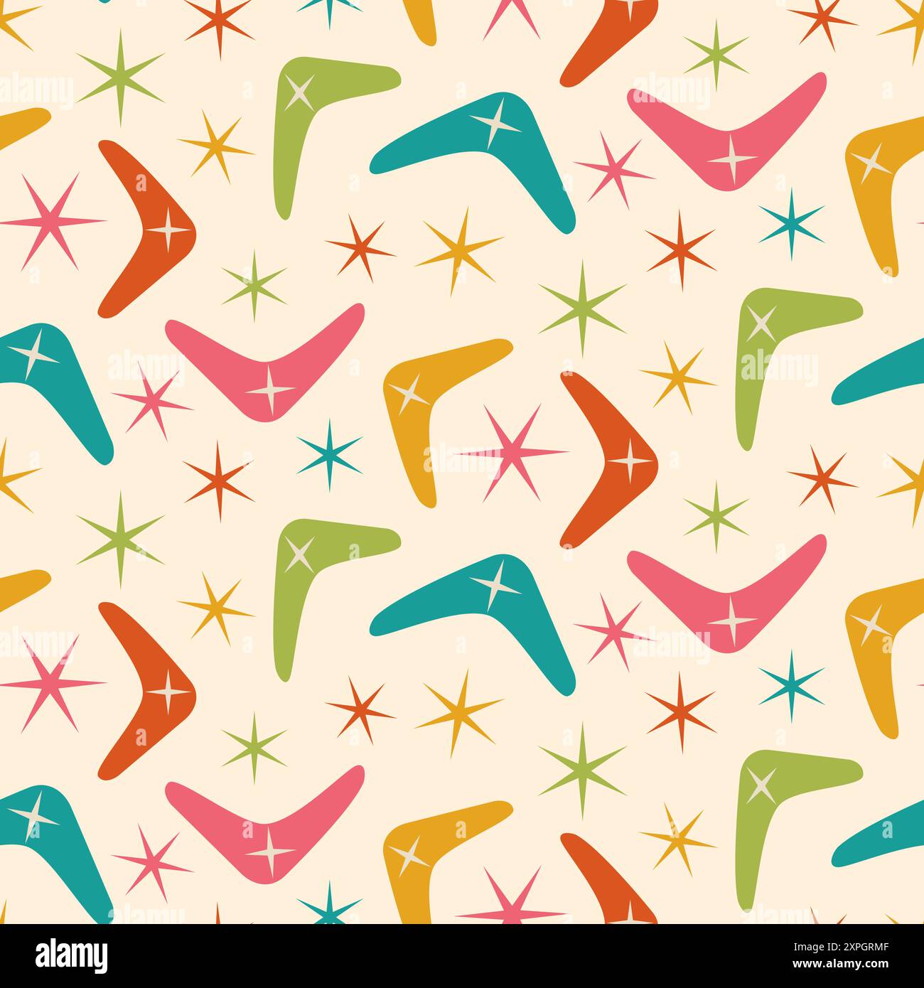 Modernes, nahtloses Mid Century Boomerang Muster mit atomaren Retro-Sternen in Orange, Petrol, Grün, Pink und Gelb. Für Wohnkultur, Textilien, Tapeten und Stock Vektor