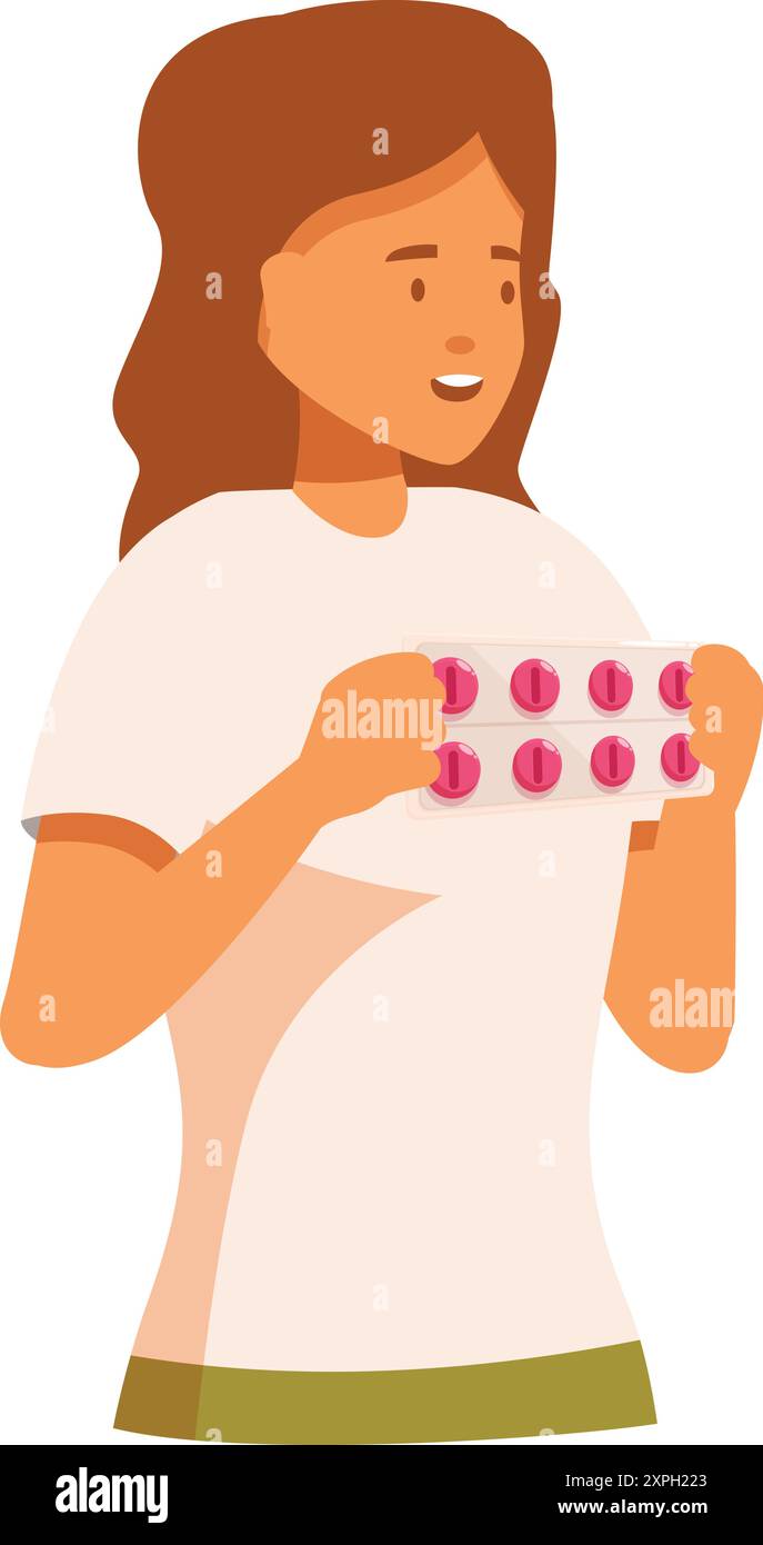 Die junge Frau lächelt und hält eine Blisterpackung mit Medikamentenpillen Stock Vektor