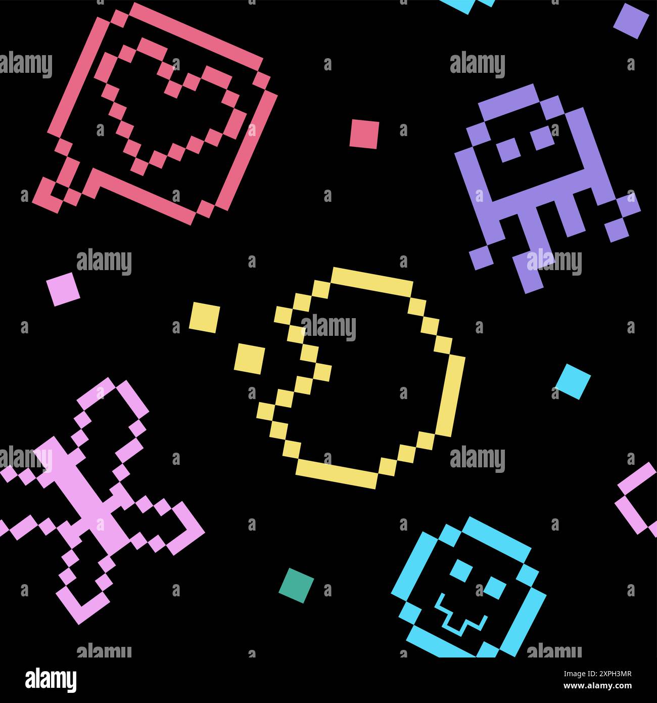 Nahtloses Pixel-Y2K-Muster im Stil der 90er Jahre. Trendige verspielte Kunst. Bunte Oktopus, Lächeln, Schmetterling und wie auf schwarzem Hintergrund. Retro-8-Bit-Ästhetik, Vektorillustration. Naive geometrische Form. Stock Vektor