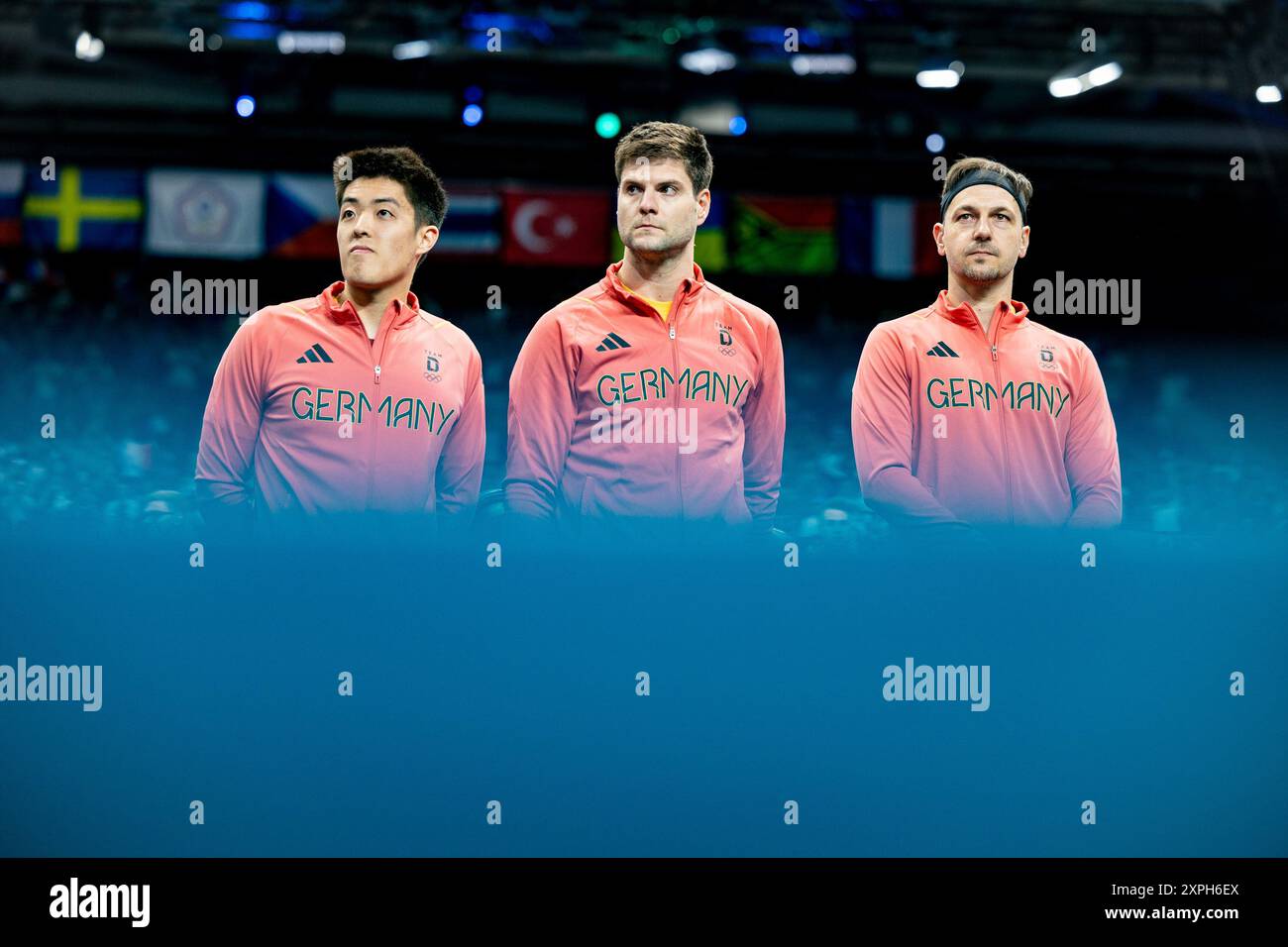 Dang Qiu, Dimitrij Ovcharov, Timo Boll FRA, Olympische Spiele Paris 2024, Tischtennis, 05.08.2024 Eibner Pressefoto/Benjamin Lau Stockfoto