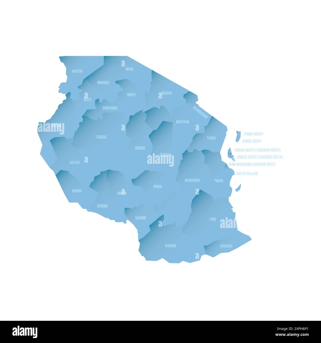 Tansania politische Karte der Verwaltungsbereiche - Regionen. Schattierte Vektorkarte mit 3D-ähnlichem blauen Verlauf und Namensbeschriftungen Stock Vektor