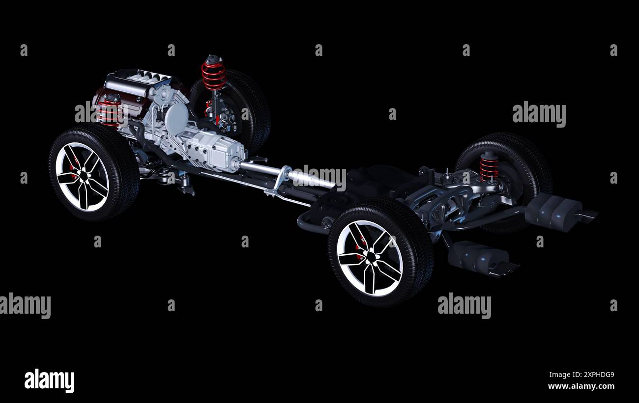 Detaillierte Darstellung eines Fahrgestells mit Motor vor neutralem Hintergrund Stockfoto