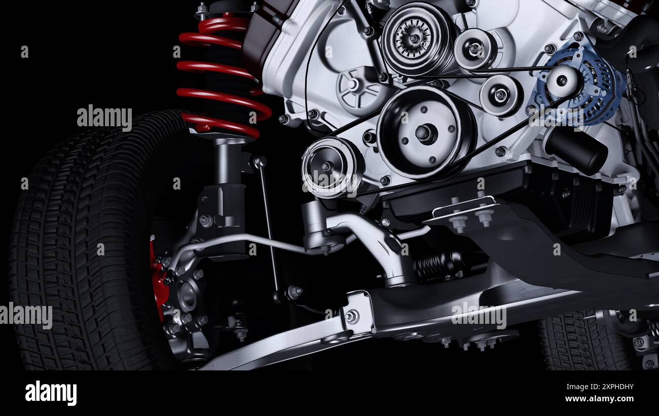 Detaillierte Vorderansicht eines Fahrzeugmotors Stockfoto