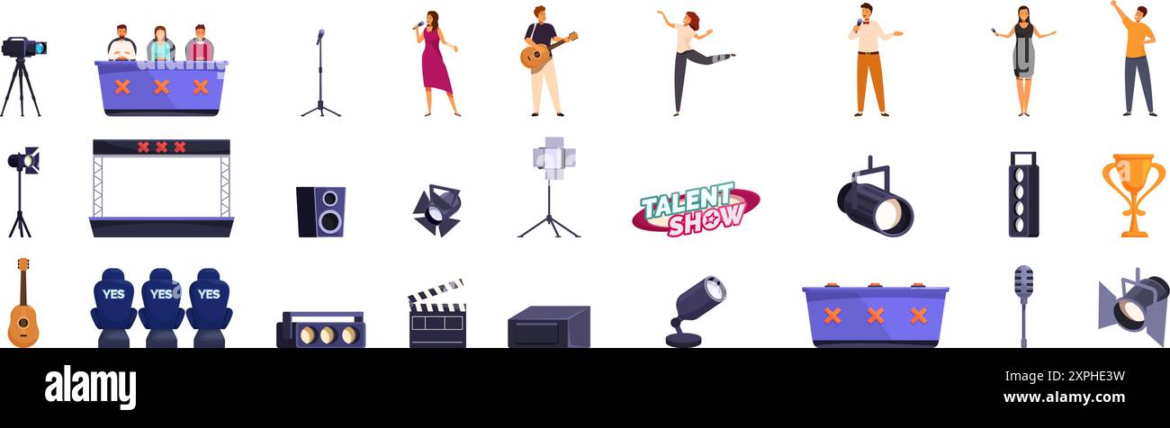 Talent Reality zeigt Symbole. Sänger, Tänzer und Musiker treten während einer tv-Talentshow vor einer Jury auf Stock Vektor
