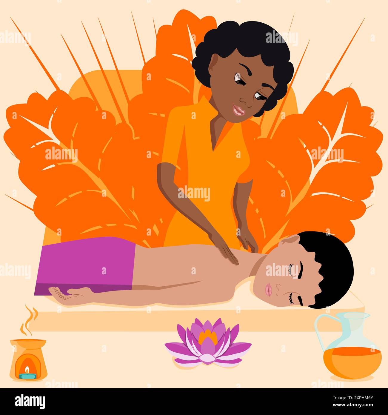 Schwedische Massage mit professioneller Massagetherapeutin im Spa. Afrikanische und indische ethnische Zugehörigkeit. Abbildung isolierter flacher Vektor. Stock Vektor