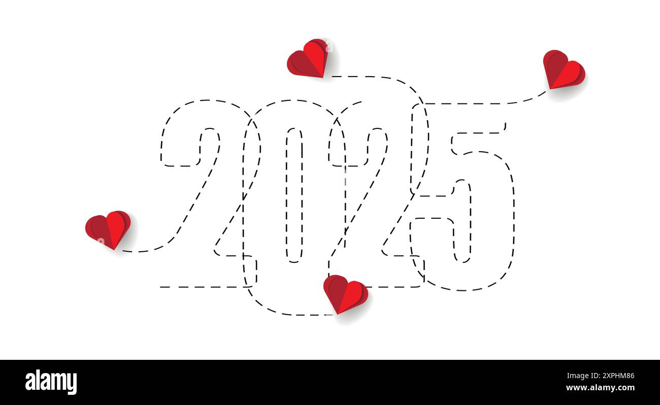 Frohe weihnachten und ein frohes neues Jahr. Fliegende Herzen mit Papierschneidtechnik mit der Route 2025. Stock Vektor