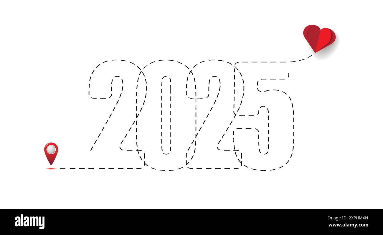 Frohe Weihnachten und Neujahr Konzept, Ziel mit Route 2025. Fliegendes Papierherz mit Schnittpapiertechnik. Stock Vektor
