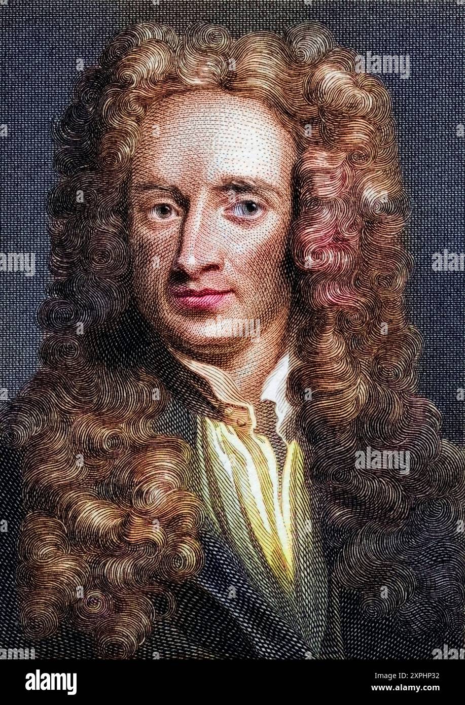 Sir Isaac Newton, 1642-1727. Englischer Physiker und Mathematiker. Kupferstich von Edward Smith nach einem Gemälde von Sir George Kneller., Historisch, digital restaurierte Reproduktion von einer Vorlage aus dem 19. Jahrhundert, Datum nicht angegeben Stockfoto