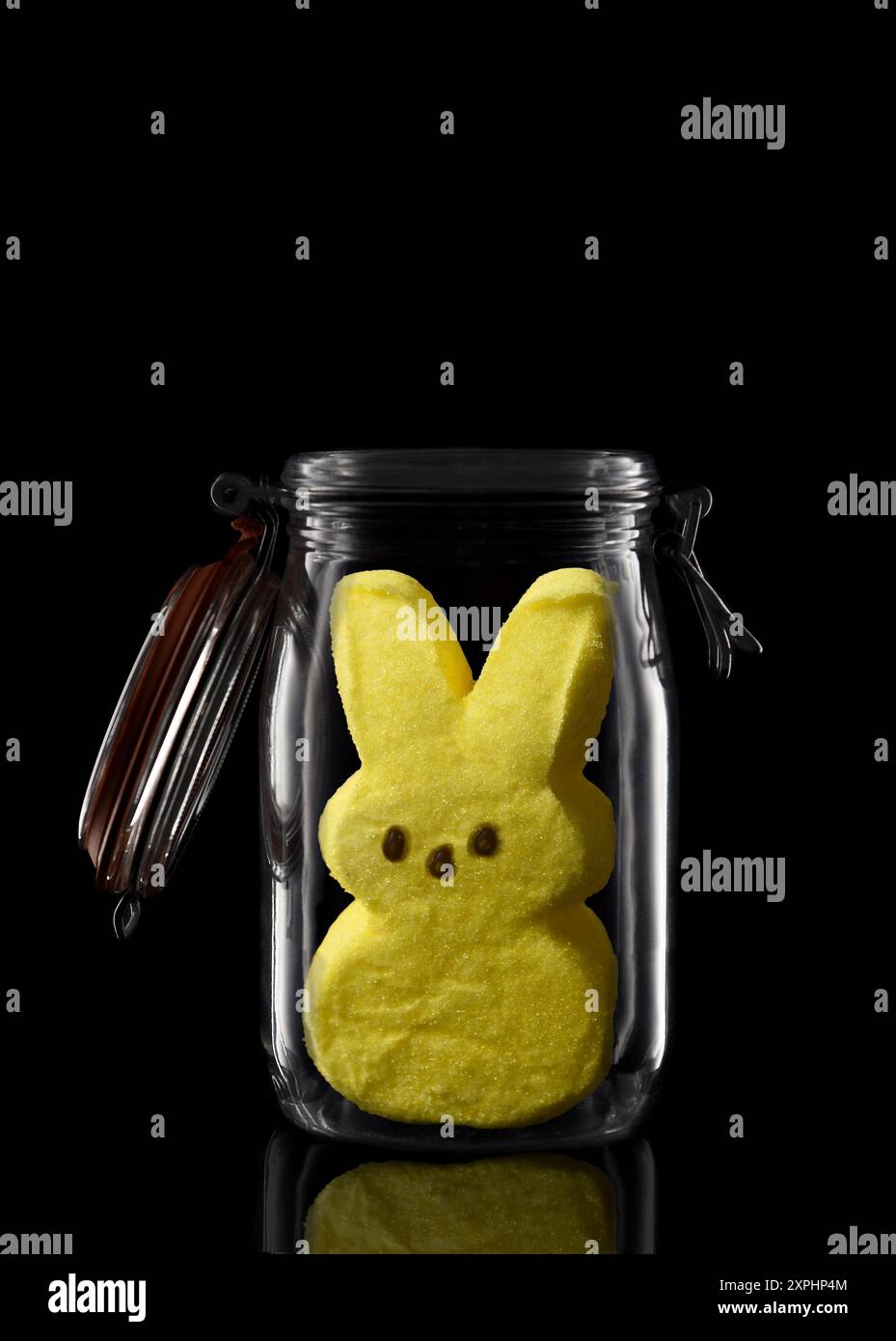 Ein gelber Osterhase in einem Glasvorratsbehälter oder einer Dose isoliert auf Schwarz mit Reflexion, mit offenem Deckel. Stockfoto