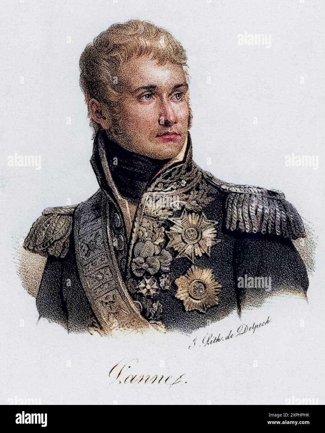 Jean Lannes, Duc de Montebello (1769-1809), einer von Napoleons Generälen. Gewann die Schlacht von Montebello (1800). Kämpfte auch in Marengo, Austerlitz, Eylau, Friedland und Saragossa. Tödlich verwundet in Aspern und Esslung. Napoleonische Kriege. Lithographie um 1830, Historisch, digital restaurierte Reproduktion von einer Vorlage aus dem 19. Jahrhundert, Datum nicht angegeben Stockfoto
