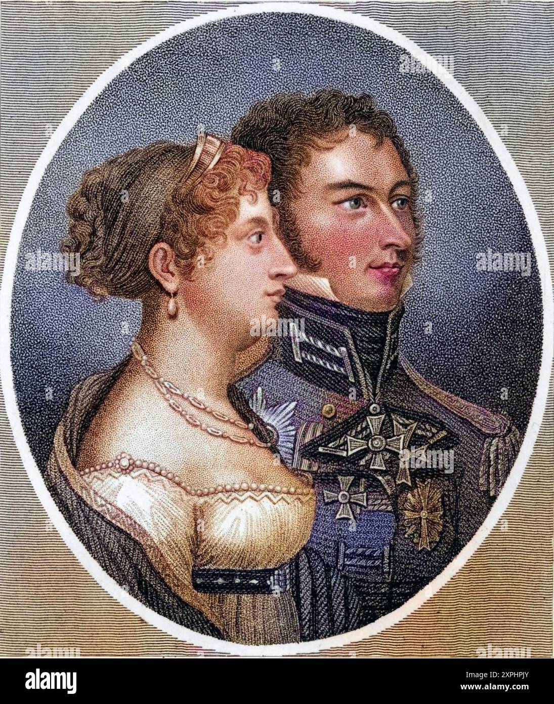 Prinzessin Charlotte von Wales (1796–1817), einziges Kind von Georg IV. Von Großbritannien und Caroline von Braunschweig, mit ihrem Ehemann Leopold von Sachsen-Coburg (1790–1865), dem späteren Leopold I. von Belgien, den sie 1816 heiratete. Sie war Thronfolgerin und allseits beliebt, starb aber 1817 bei der Geburt eines Kindes. Punktstich aus „History of the Wars Ansported by the French Revolution...“ von CH Gifford (London, 1817)., Historisch, digital restaurierte Reproduktion von einer Vorlage aus dem 19. Jahrhundert, Datum nicht angegeben Stockfoto