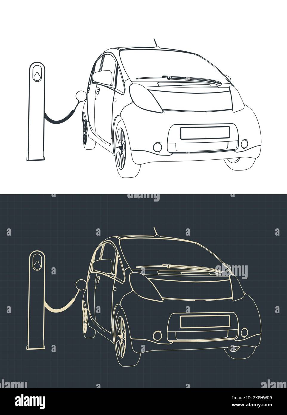 Elektroauto und Ladestation für Elektroautos technische Zeichnungen Stock Vektor