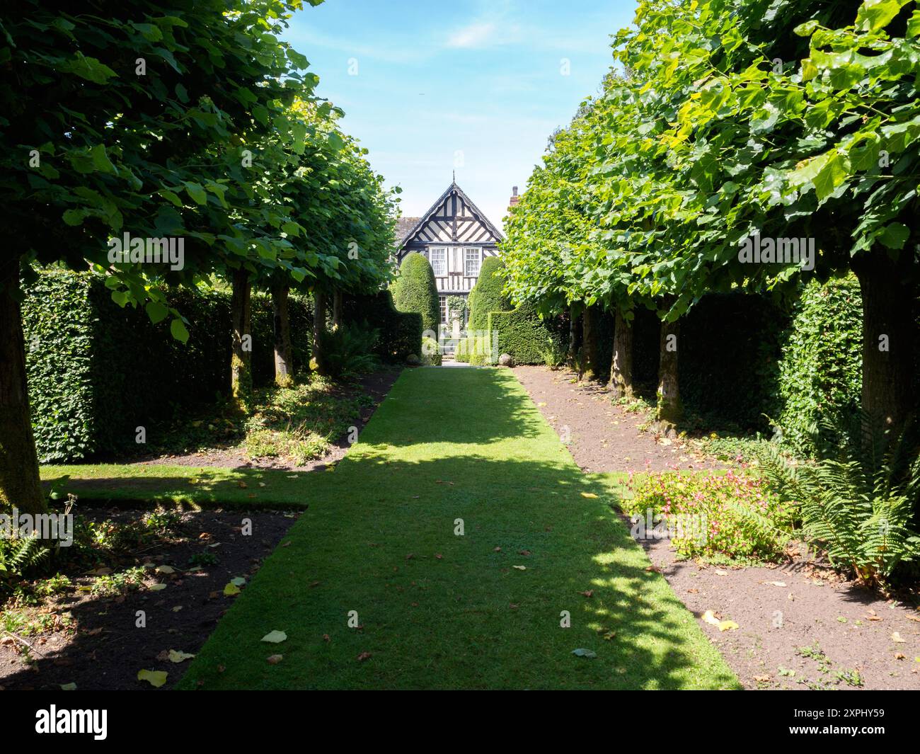 Wollerton Old Hall, Blick vom Garten, die Lime Alley Stockfoto