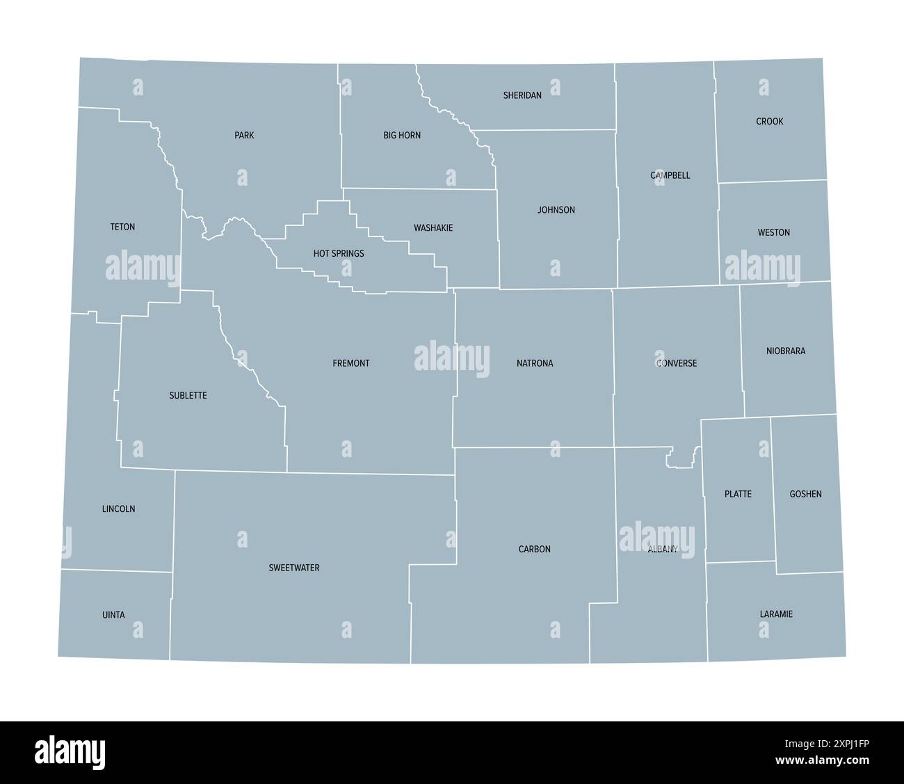 Wyoming, US-Bundesstaat, unterteilt in 23 Countys, graue politische Karte mit County-Namen. Bundesstaat in der Region Mountain West der Vereinigten Staaten. Stockfoto
