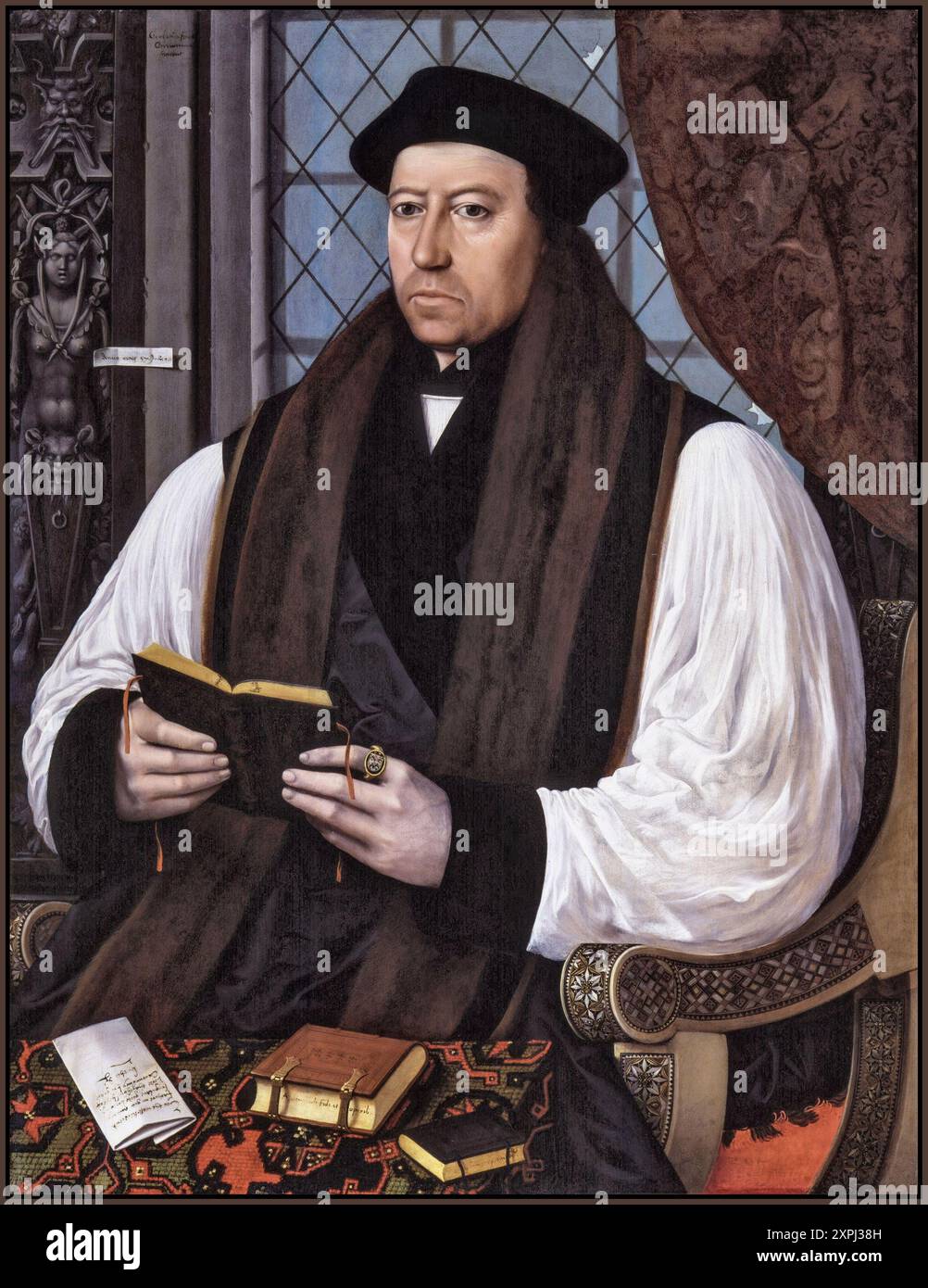 Thomas Cranmer Porträt c1545 Öl auf Tafel von Gerlach Flicke. Thomas Cranmer (* 2. Juli 1489 bis 21. März 1556) war ein religiöser Anführer der englischen Reformation und Erzbischof von Canterbury während der Regierungszeit von Heinrich VIII., Eduard VI. Und für kurze Zeit auch der englische Prälat und Reformator Thomas Cranmer. Maria I. Er half, den Fall für die Annullierung der Heirat Heinrichs mit Katharina von Aragon aufzubauen, was einer der Gründe für die Trennung der englischen Kirche von der vereinigung mit dem Heiligen Stuhl war. Stockfoto
