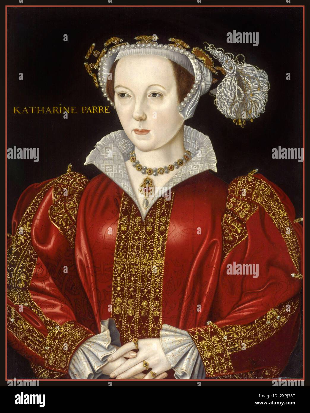 Catherine Parr (1512–1548), sechste und letzte Ehefrau von Heinrich VIII. Von England von William Scrots Oil auf dem Tafelporträt c1545 (Katherine Parre) Queen Consort of England Stockfoto