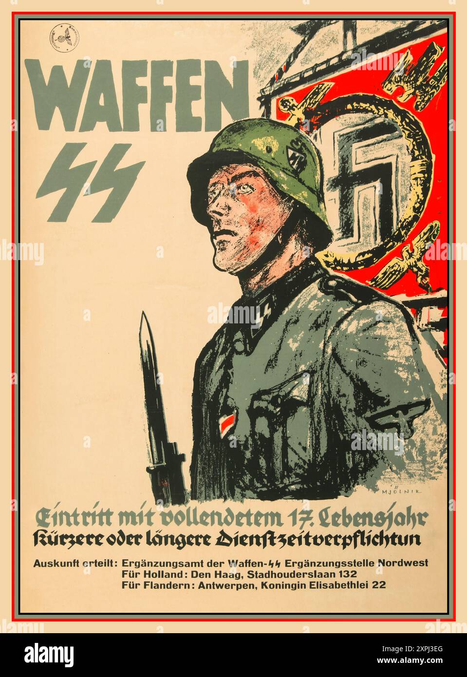 1940 Waffen- SS Eintritt mit vollendetem 17. Einlass der Waffen-SS nach 17 Jahren REKRUTIERUNGSPLAKAT DER WAFFEN-SS MIT Einem SOLDATEN UND Einer LEIBSTANDARTE (SS-ADOLF-HITLER-FLAGGE) Rekrutierungsplakat für die Waffen-SS mit einem Bild eines uniformierten Soldaten und einer Leibstandarte-SS-Adolf-Hitler-Flagge. Die Leibstandarte SS Adolf Hitler war Hitlers Leibwächterregiment. Die Waffen-SS war die bewaffnete militärische Abteilung der Schutzstaffel (SS), der paramilitärischen Organisation der Nazis, die für Sicherheit, Geheimdienstsammlung und -Analyse sowie für die Durchsetzung der nationalsozialistischen Rassenpolitik zuständig war. Stockfoto