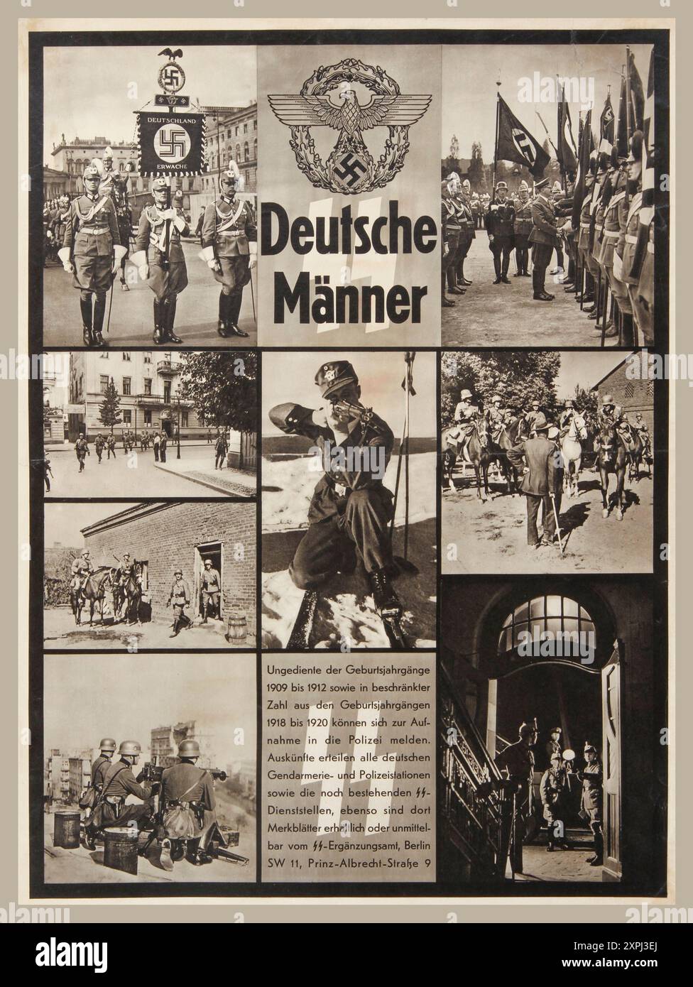 Deutsche Männer 1938 Berlin (Deutschland) SS-Rekrutierungsplakat mit Fotos der Aktivitäten der SS-Soldaten Rekrutierungsplakat für die Waffen-SS mit Fotos von Soldaten, die an ihren Kriegsaufgaben teilgenommen haben. Die Waffen-SS war die bewaffnete militärische Abteilung der Schutzstaffel (SS), der paramilitärischen Organisation der Nazis, die für Sicherheit, Geheimdienstsammlung und -Analyse sowie für die Durchsetzung der nationalsozialistischen Rassenpolitik zuständig war. Sie kontrollierten das KZ-System und planten und koordinierten die endgültige Lösung. Deutsche Männer 1938 Stockfoto