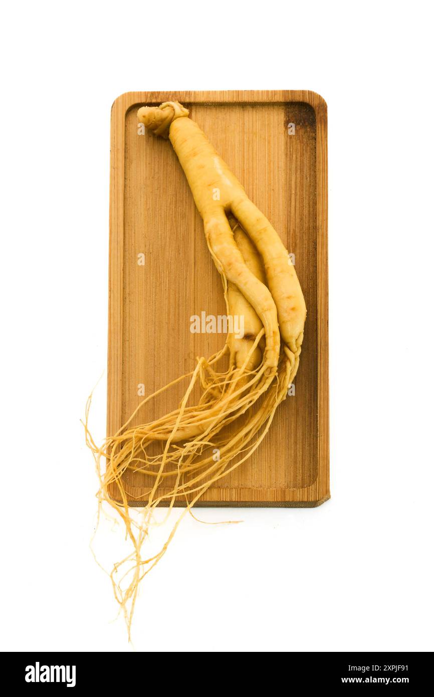 Ginsengwurzel auf Holzschale Stockfoto