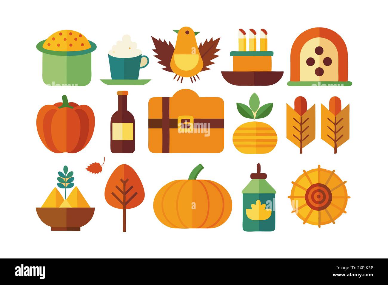 Set aus farbenfrohen Zeichentricksymbolen für Thanksgiving-Tag Stockfoto