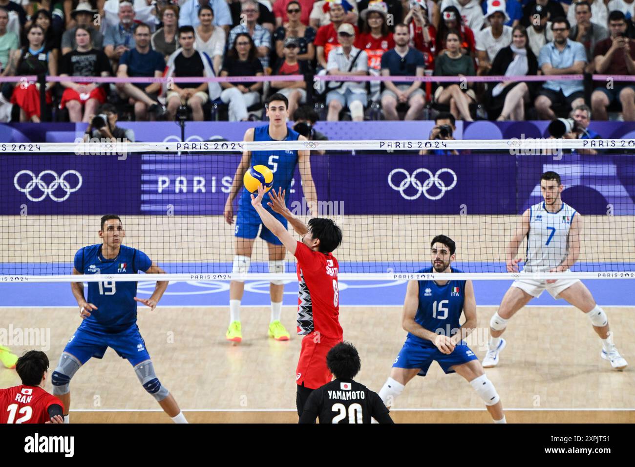 Masahiro Sekita von Japan während des Olympischen Spiels Volleyball Männer, Viertelfinale Italien gegen Japan, am 5. August 2024 in der Arena Paris Sud 1, Paris, Frankreich. Stockfoto