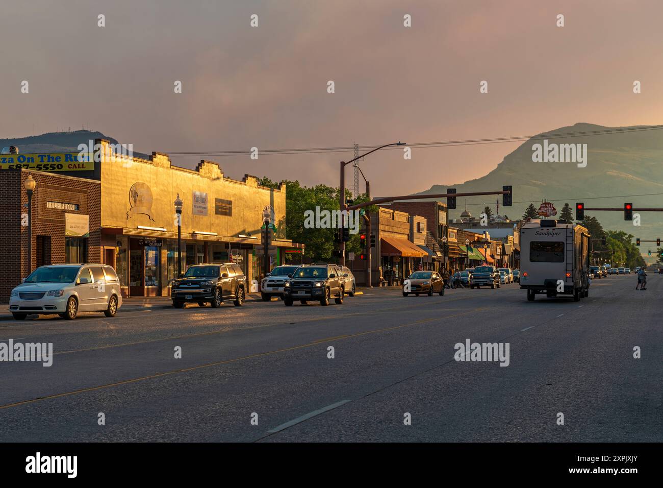 Downtown Cody Town Main Street at Sunset, Wyoming, USA. Stockfoto