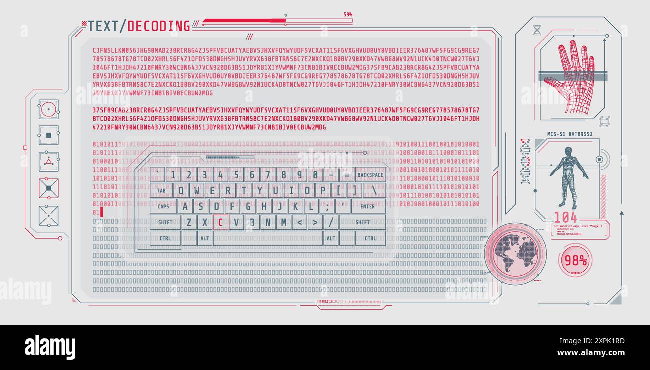 Dateneingabe und Textdekodierung auf dem futuristischen Schnittstellenbildschirm. Stock Vektor